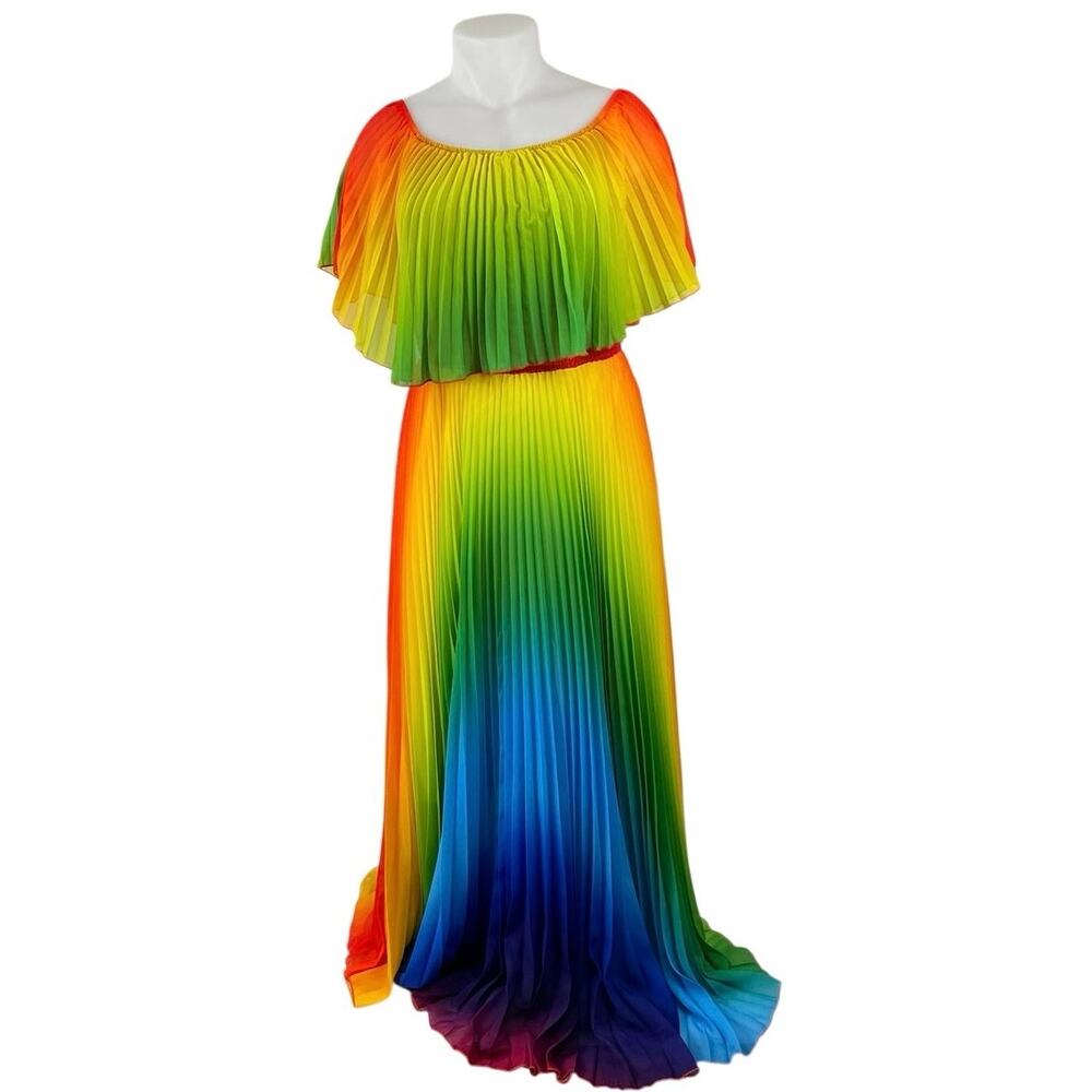NEW Buxom Curvy Rainbow Ombre Pleated Off Shoulder Maxi Flare A-Line Dress Sz 1X